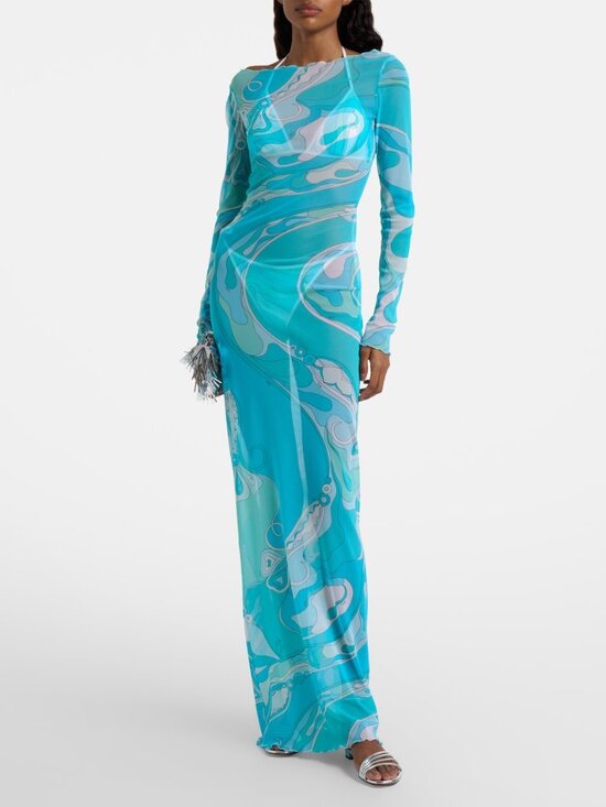 Emilio Pucci Dresses & Skirts - Emilio Pucci Turquoise Swirl-Print Tulle Long-Sleeve Dress